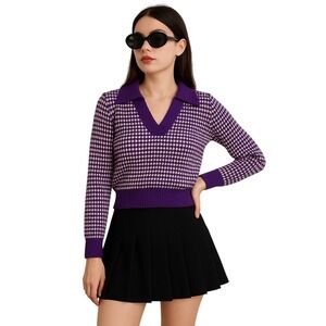 SUNCOO Paris Pull Pierrot Purple Check Knit Collared Sweater Size T0 Mod Retro